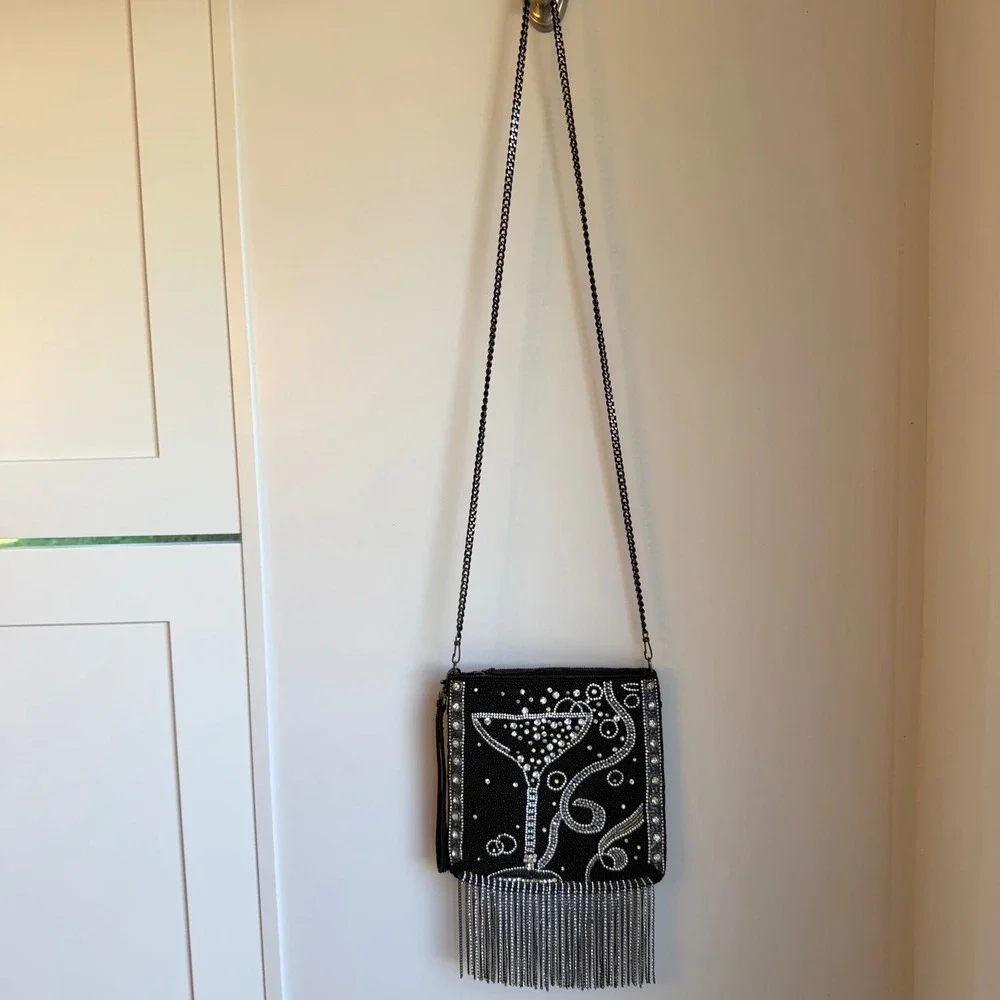 Mary Frances Touch of Bubbly Beaded Bag‎ Black Rhinestone Fringe Novelty Purse